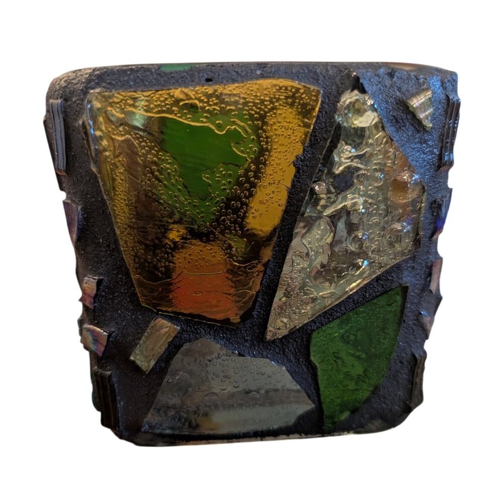 Vintage Mid-Century Brutalist Made in Mexico Stained Glass Mosaic Candle Holder